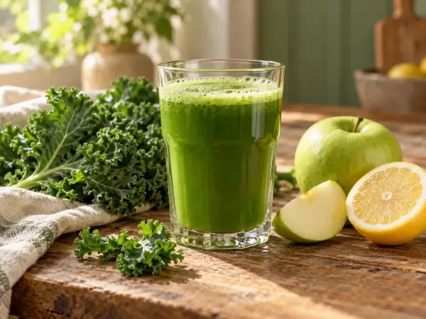 Copo de suco verde com couve, maçã verde e limão