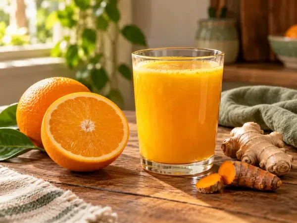 Copo de suco de laranja com gengibre e cúrcuma
