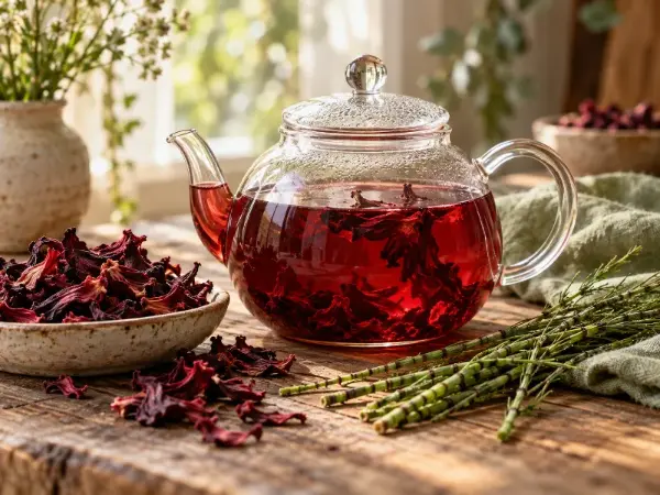 Bule de vidro com chá vermelho de hibisco e ramos de cavalinha