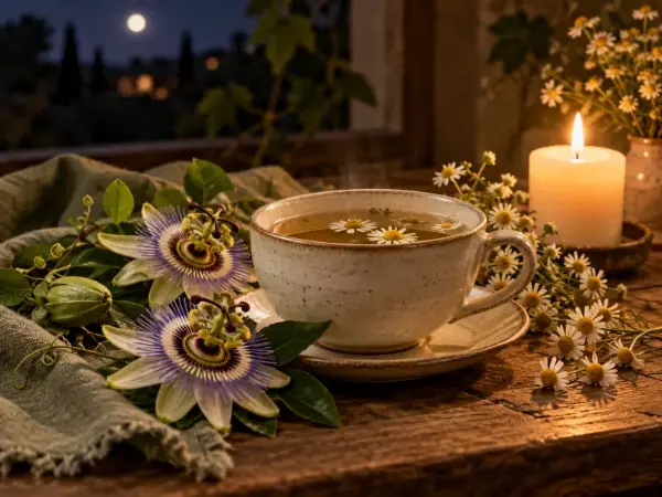 Xícara de chá de camomila com flores de maracujá e vela acesa à noite